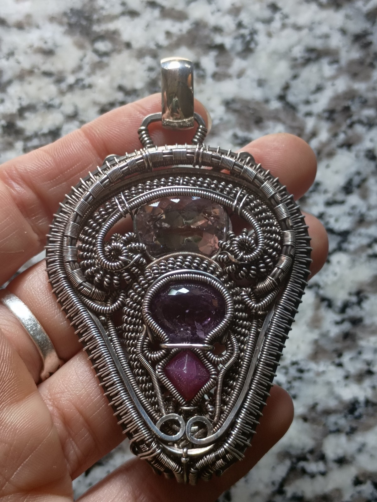 Amethyst Spinel Rose De France “Light Shield” Pendant Statement Wirewrap Art 925