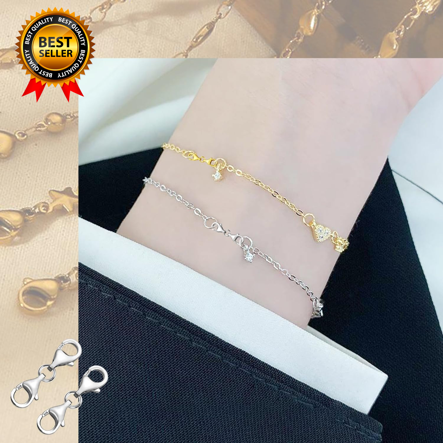 Double Lobster Clasp 925 Sterling Silver Necklace Extenders for Women 9Mm