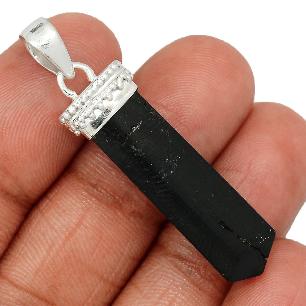 Natural Black Tourmaline Point Sterling Silver Pendant Jewelry CP42096