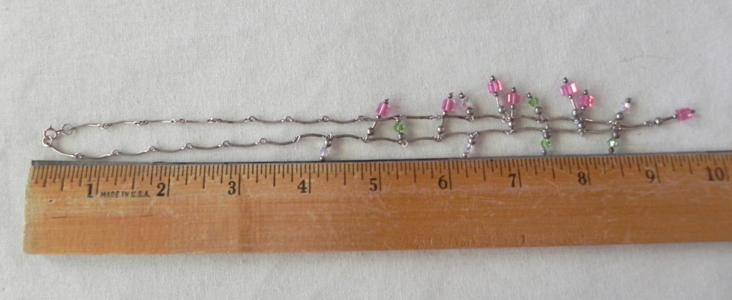 Dainty Sterling Silver Drop Station Necklace Curved Bar Link Pink crystal beads