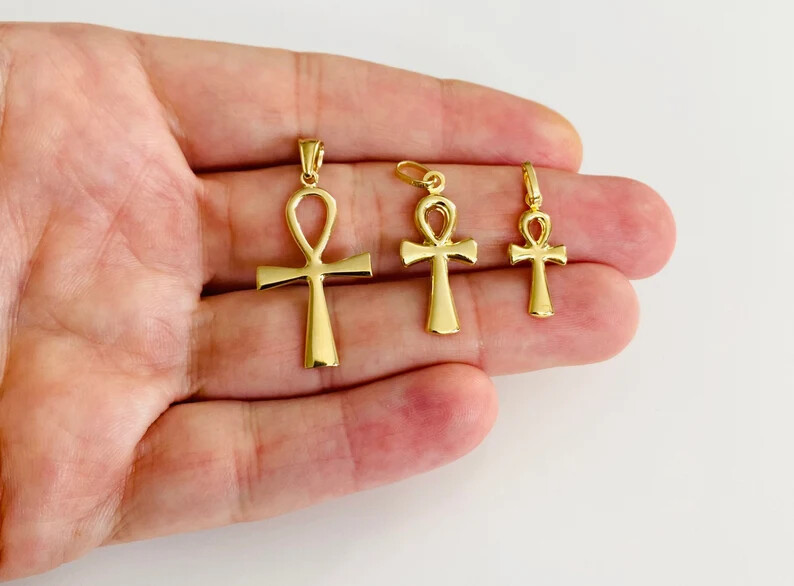 14K Solid Gold Egyptian Charm Ankh Cross Pendant / 14k Oro Cruz Egipcia- PT0922