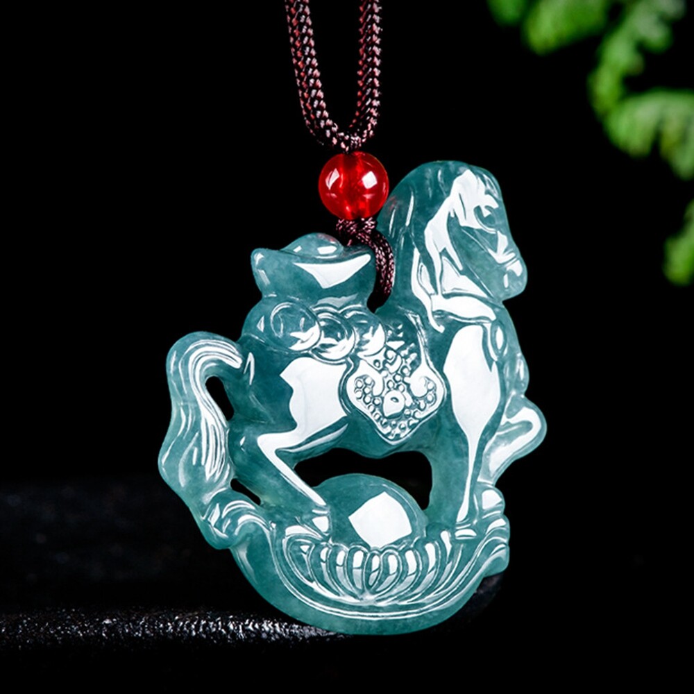 Certified Grade A Natural Green Jade jadeite Zodiac Horse Lucky Pendant Necklace