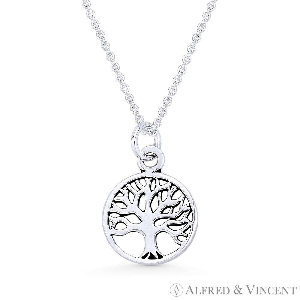 Tree-of-Life Charm 11mm Circle Pendant & Chain Necklace in .925 Sterling Silver
