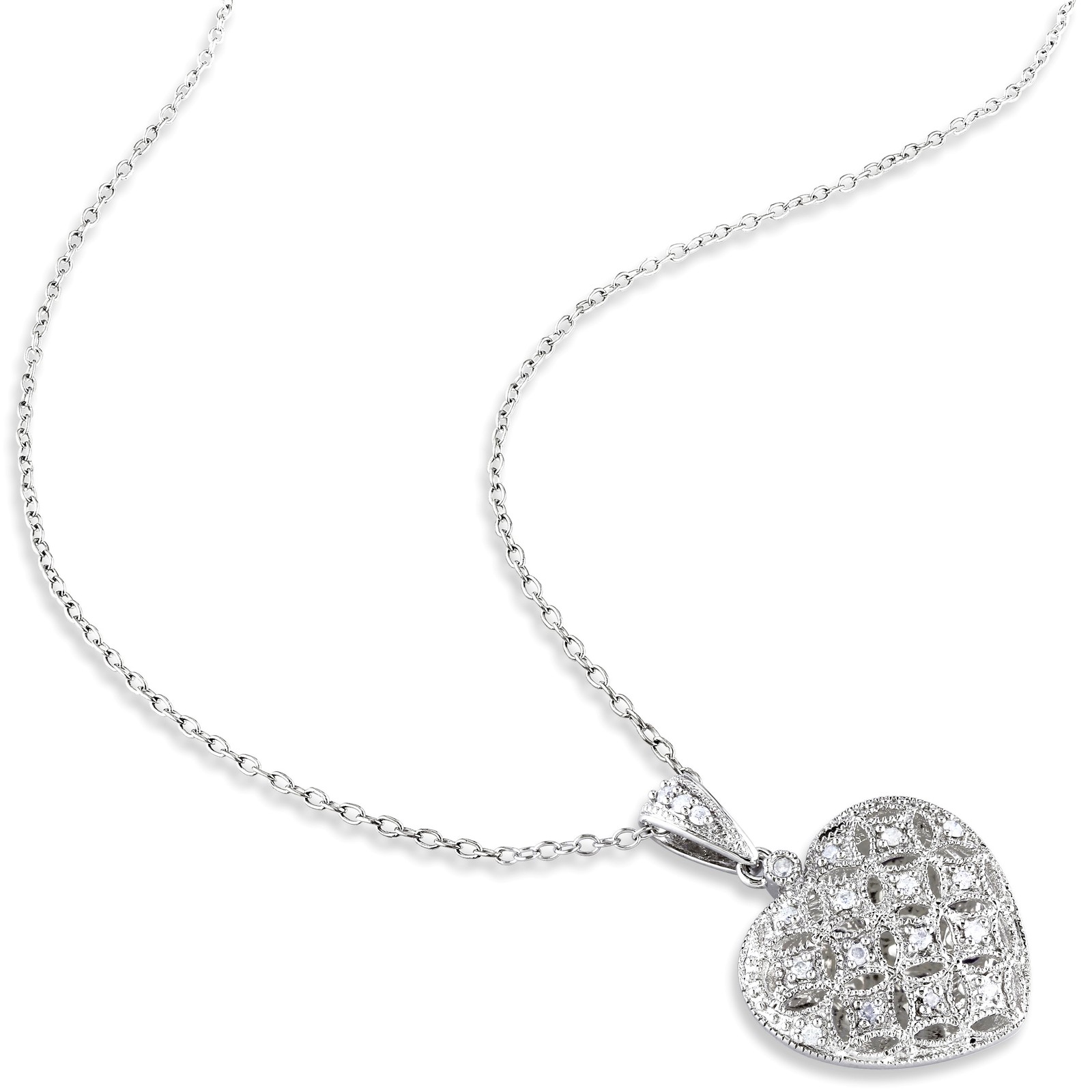 Amour Silver 1/6CT TDW Diamond Heart Locket Pendant with Chain, 18″
