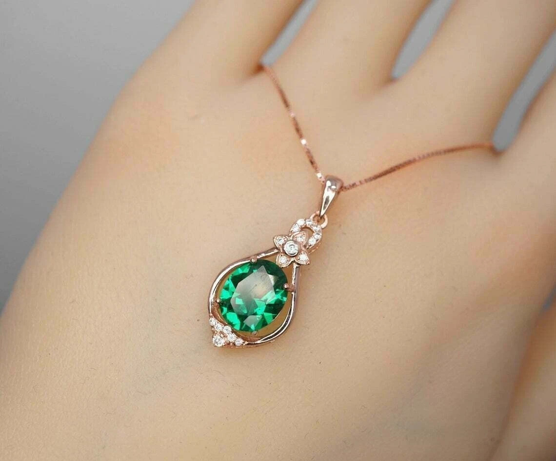 2Ct Oval Cut Green Emerald Flower Dangle Pendant 14K Rose Gold Over Free chain