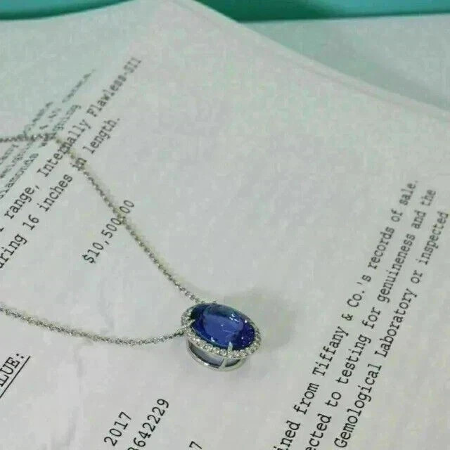 3Ct Oval Cut Lab Created Blue Tanzanite Halo Pendant 14K White Gold Plated