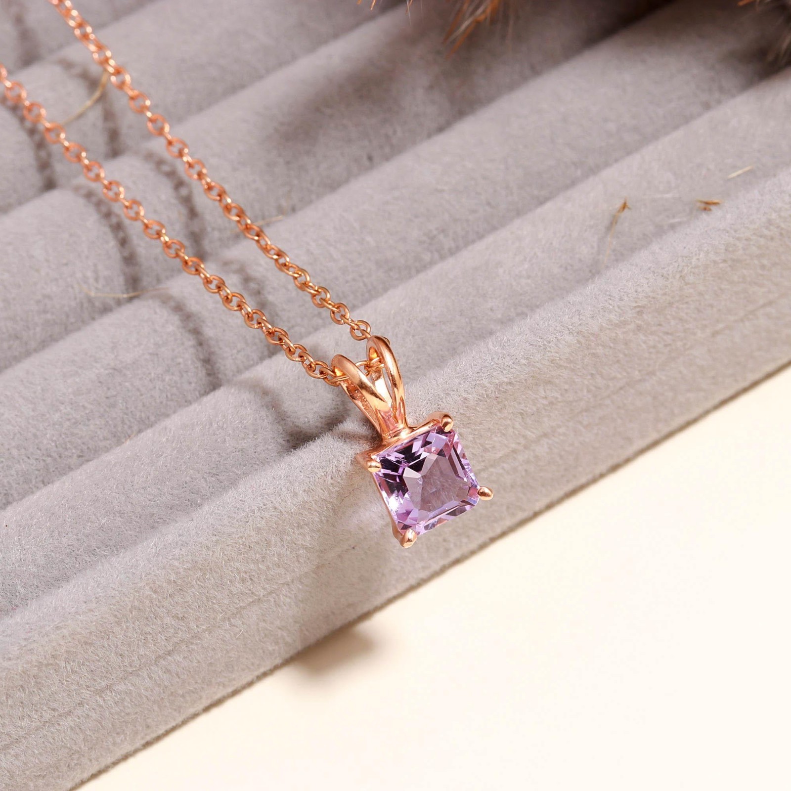 100%Natural Pink Amethyst Octagon Necklace Rose Gold Plated Solid Silver Jewelry