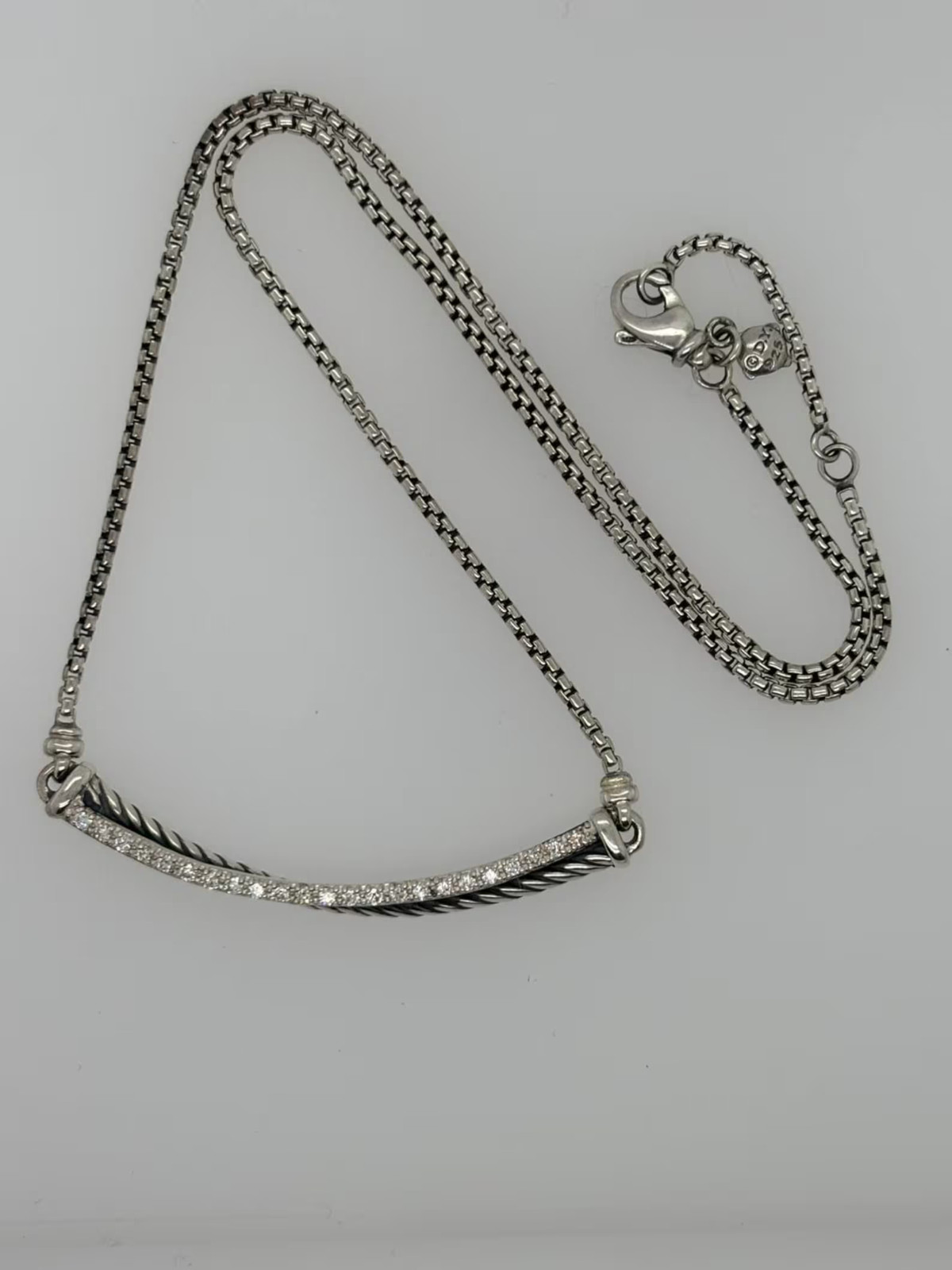 David Yurman Sterling Silver Crossover Bar Pendant Necklace with Diamonds 18″