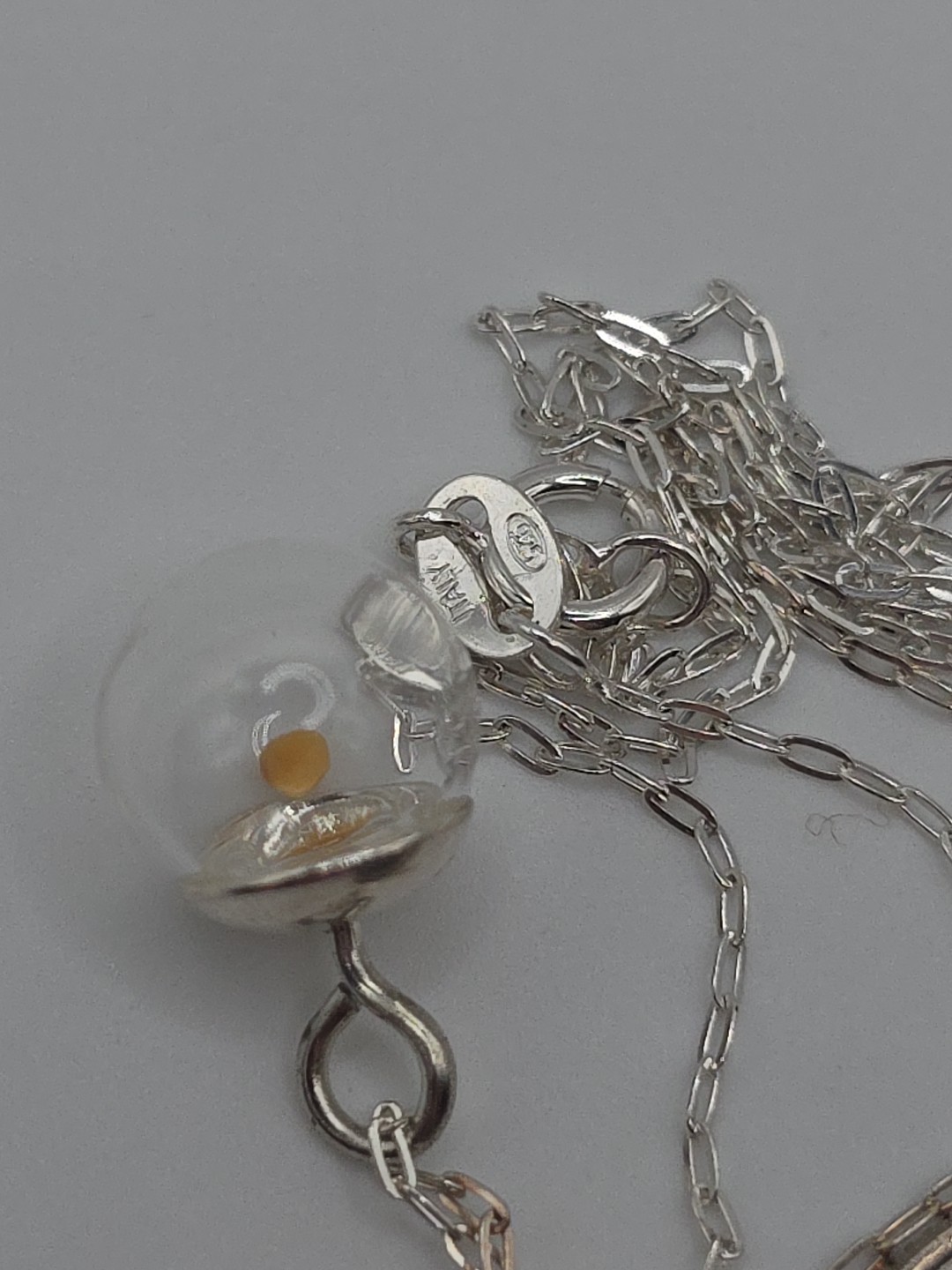 Sterling Silver 925 Italy Clear Plastic Globe Chain Necklace 18″