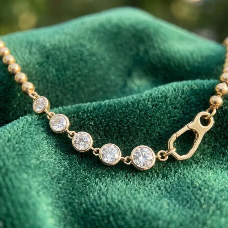 2.80Ct Moissanite Beaded Chain Necklace Charm Holder Clasp 14K Gold Plated 17″