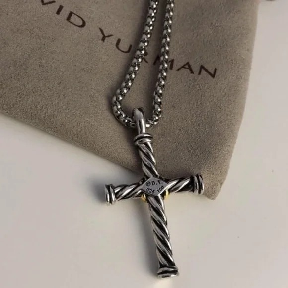 David Yurman Sterling & 18K Gold 925 750 Cross Pendant & 20″ DY 925 Box Necklace
