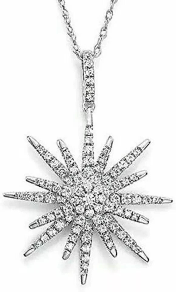 2Ct Round Cut VVS1 Diamond Starburst Pendant 14K White Gold Finish 18″Free Chain