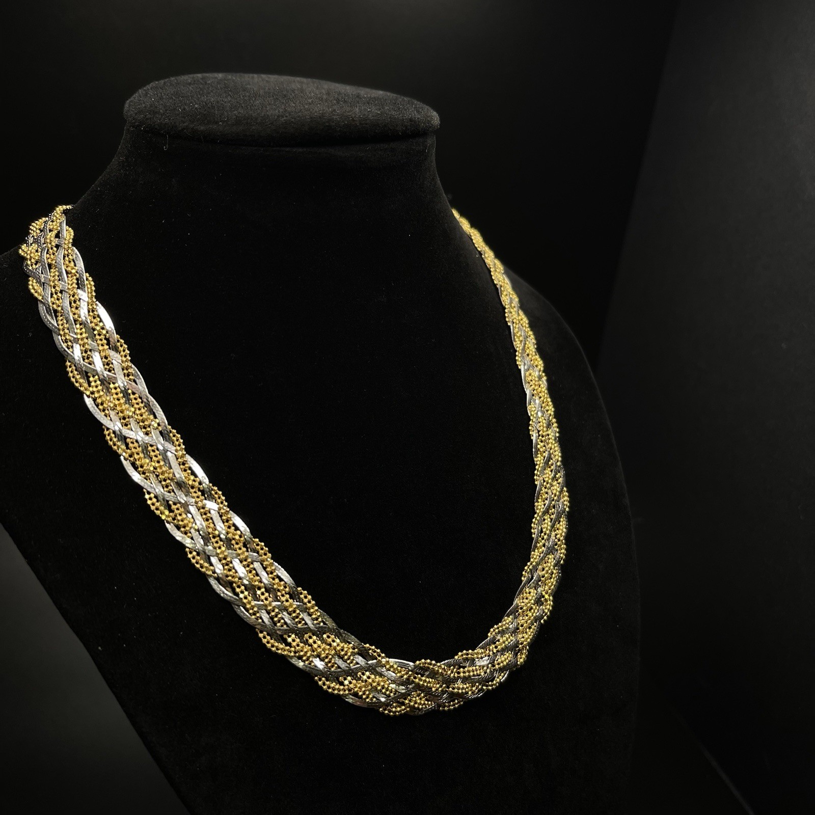 10K Yellow & White Gold Two-Tone Braided Herringbone Necklace 17” (21.1g)