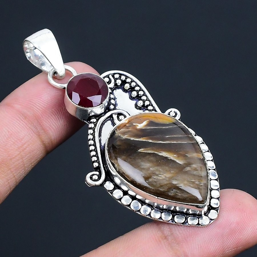 Ocean Fume Agate, Kashmir Red Ruby Gemstone 925 Silver Jewelry Pendant 2.64″