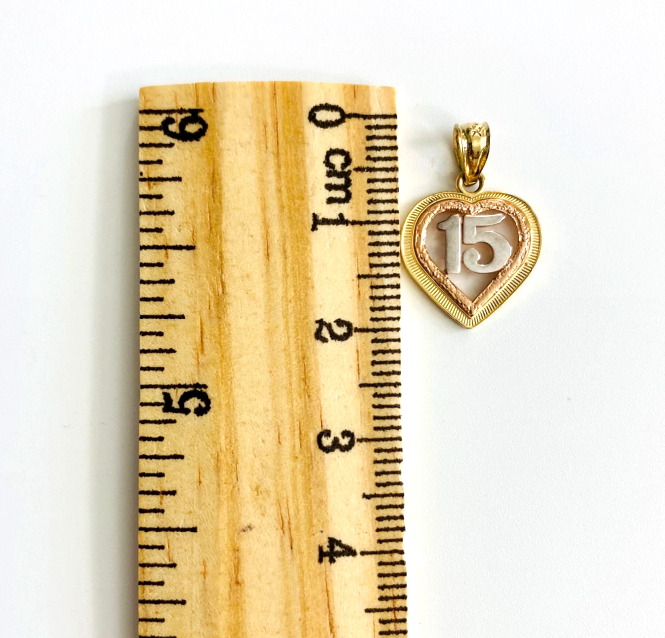 14K Solid Gold Quinceañera Heart Pendant, Small 14K 3C Gold Sweet 15 Charm-PT369