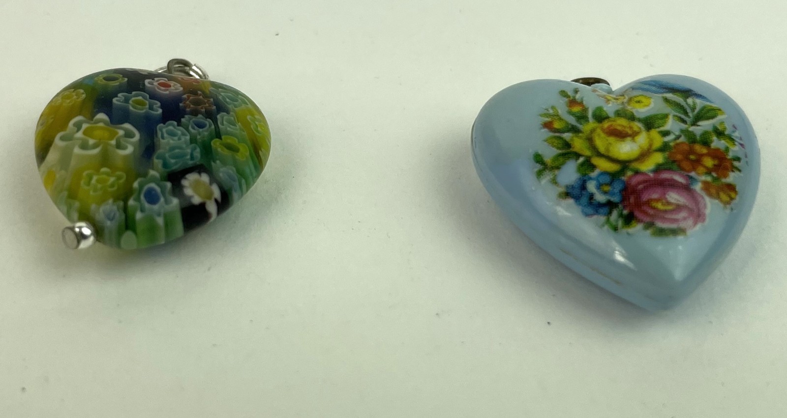 Vintage set of TWO 2 Pendants Millefiori Glass Pendant & Blue Plastic Floral