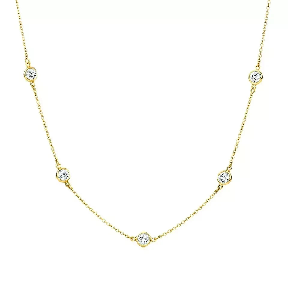 Certified Natural Diamond By The Yard Bezel Station Necklace 14k Yellow Gold