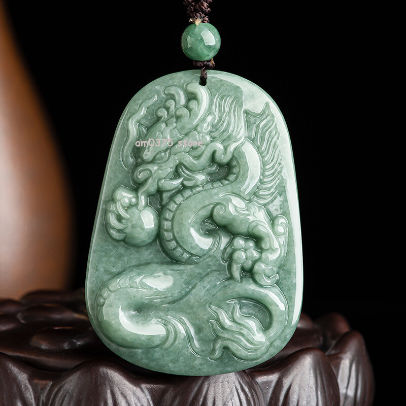 Natural A Grade Jade Women Men Bean Green Dragon Play Bead Jadeite Pendant