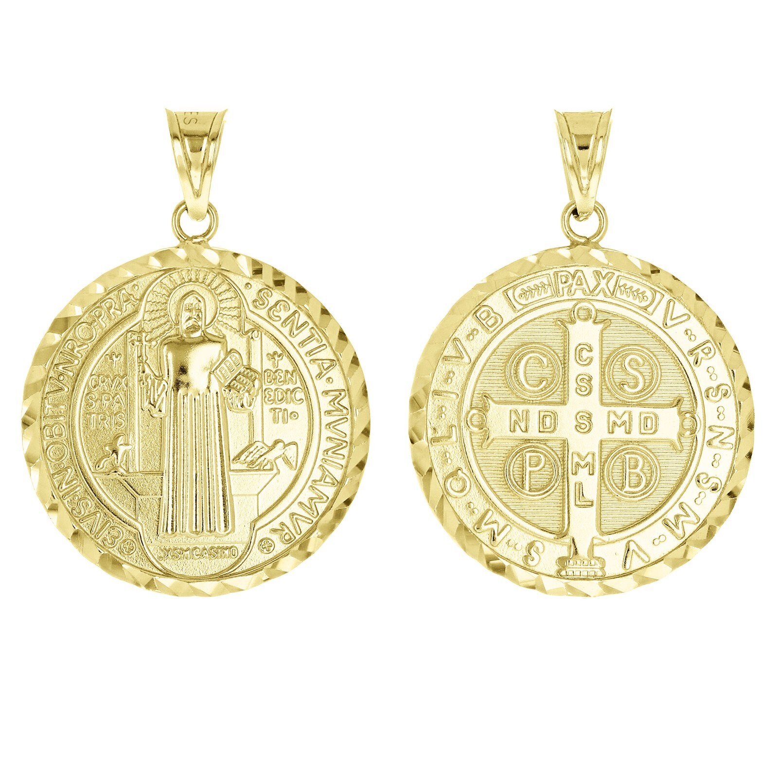 Italian 14k Yellow Gold Reversible Saint Benedict Medal Charm Pendant 1.2″ 3.3g