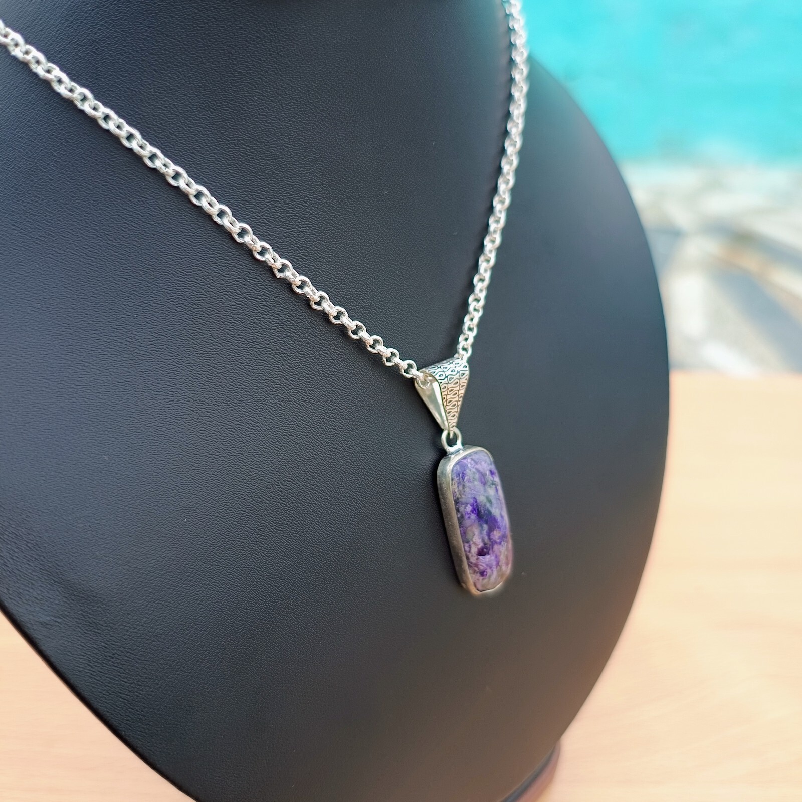 Charoite Pendant 925 Sterling Silver Handmade Natural Bar Gemstone Jewelry Gift