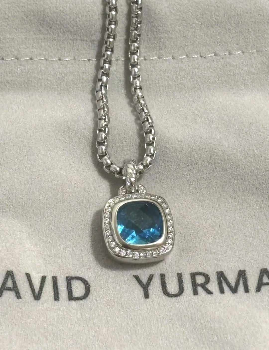 David Yurman Petite Albion Silver, Blue Topaz & Diamonds Pendant & Necklace 19″