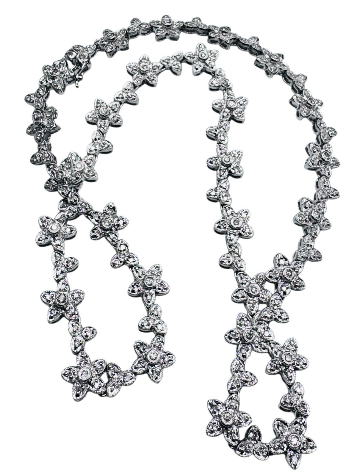 18k White Gold 1.28ctw Diamond Flower Riviere Necklace Deco Style 16″ 32g