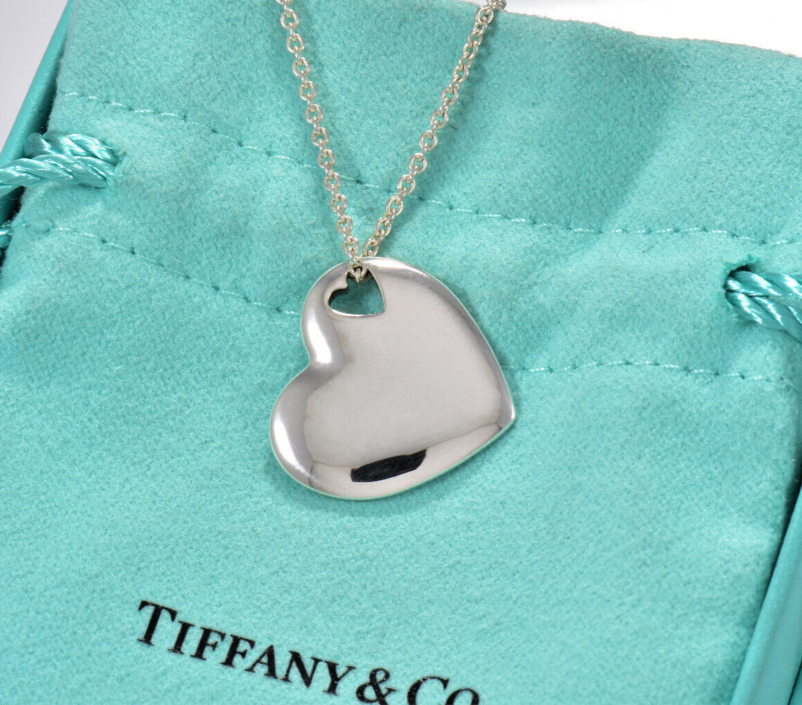Tiffany & Co Silver Stencil Two Heart Cut Out Love Pendant Necklace 16.5″ in Box