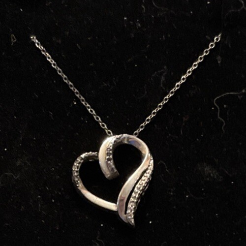 NIB Sterling Silver Real White & Black Diamonds Open Heart Slide Pendant 16” L