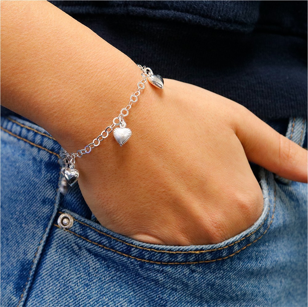 Italian 925 Solid Sterling Silver Puffed Heart Charm Anklet 10″ For Women