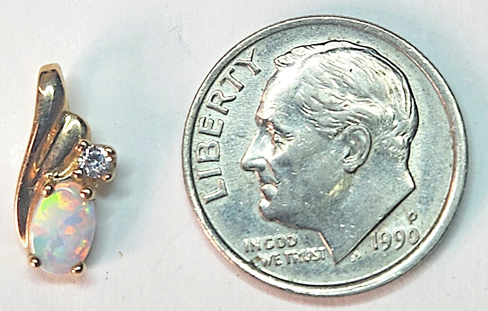 Petite 10k Yellow Gold Oval White Opal Pendant in Prong Setting Charm Pendant