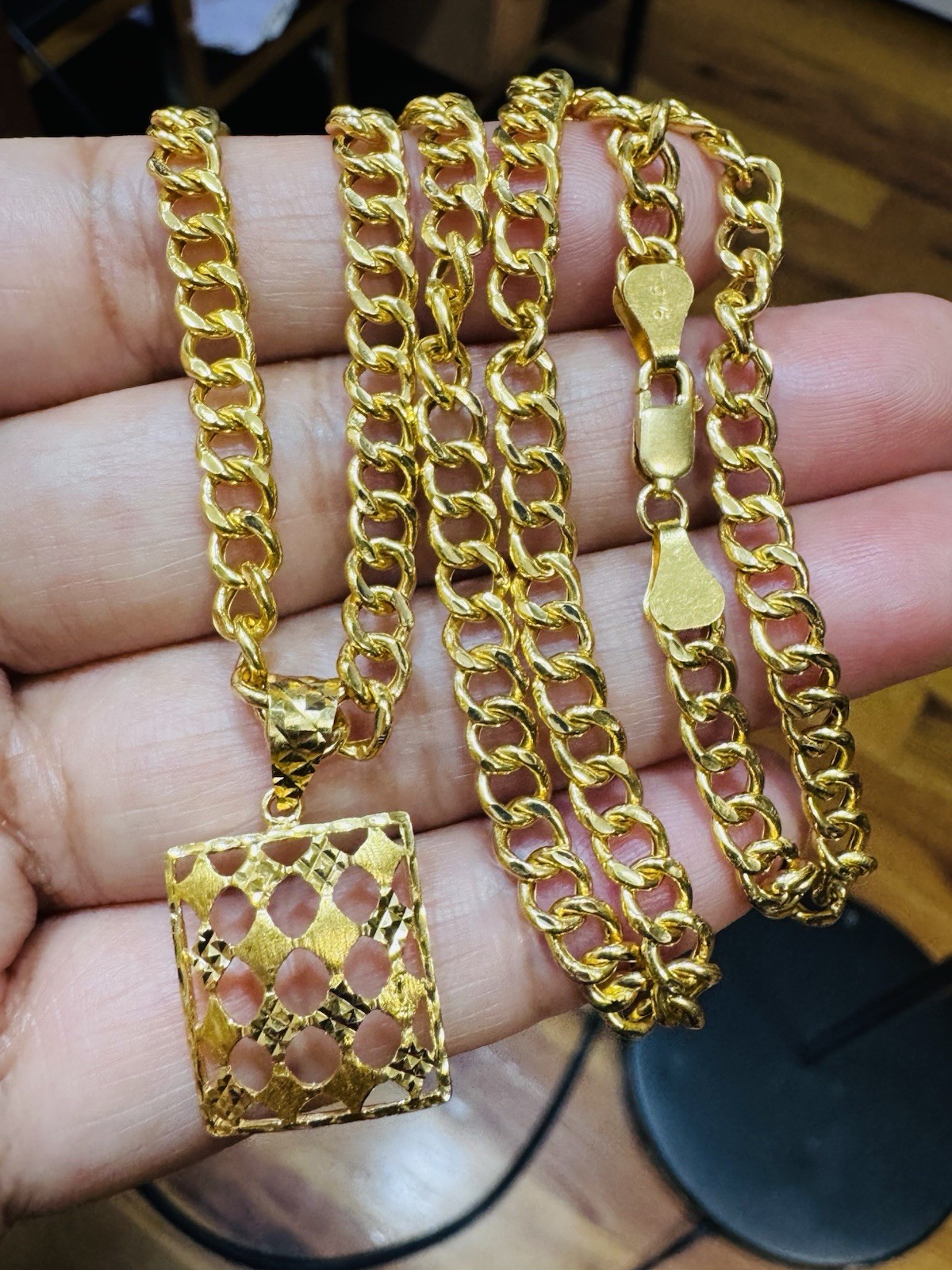 Saudi 22K 916 Real Fine Yellow Gold Rectangle Necklace 18.5”/18” Inch 5mm 14.1g