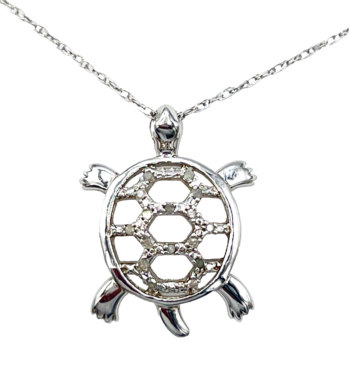 Vintage Signed NC 925 Sterling Silver Diamond Sea Turtle Pendant Necklace
