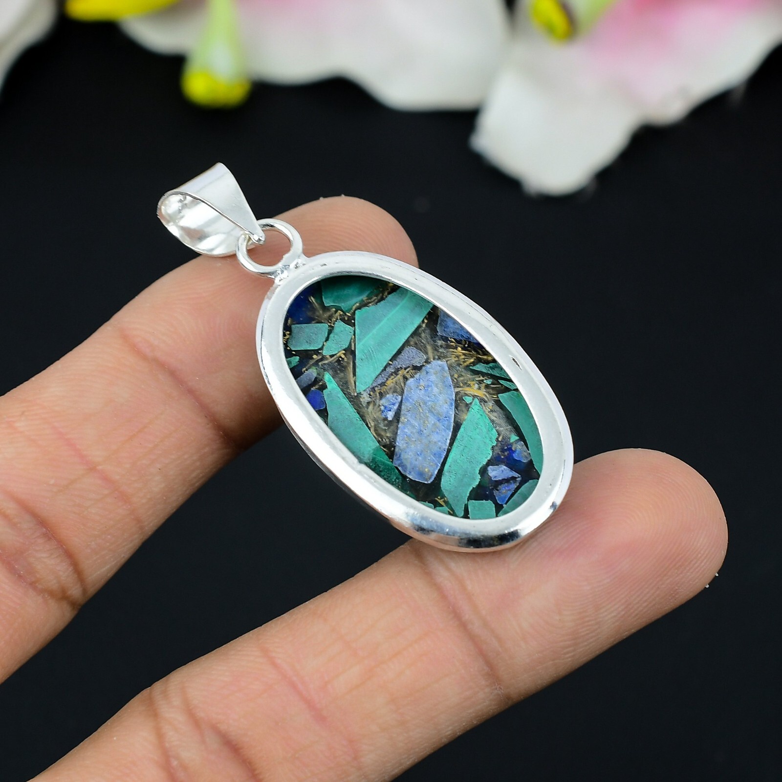 Malachite Copper Turquoise Gemstone 925 Sterling Silver Pendant Jewelry 2in”