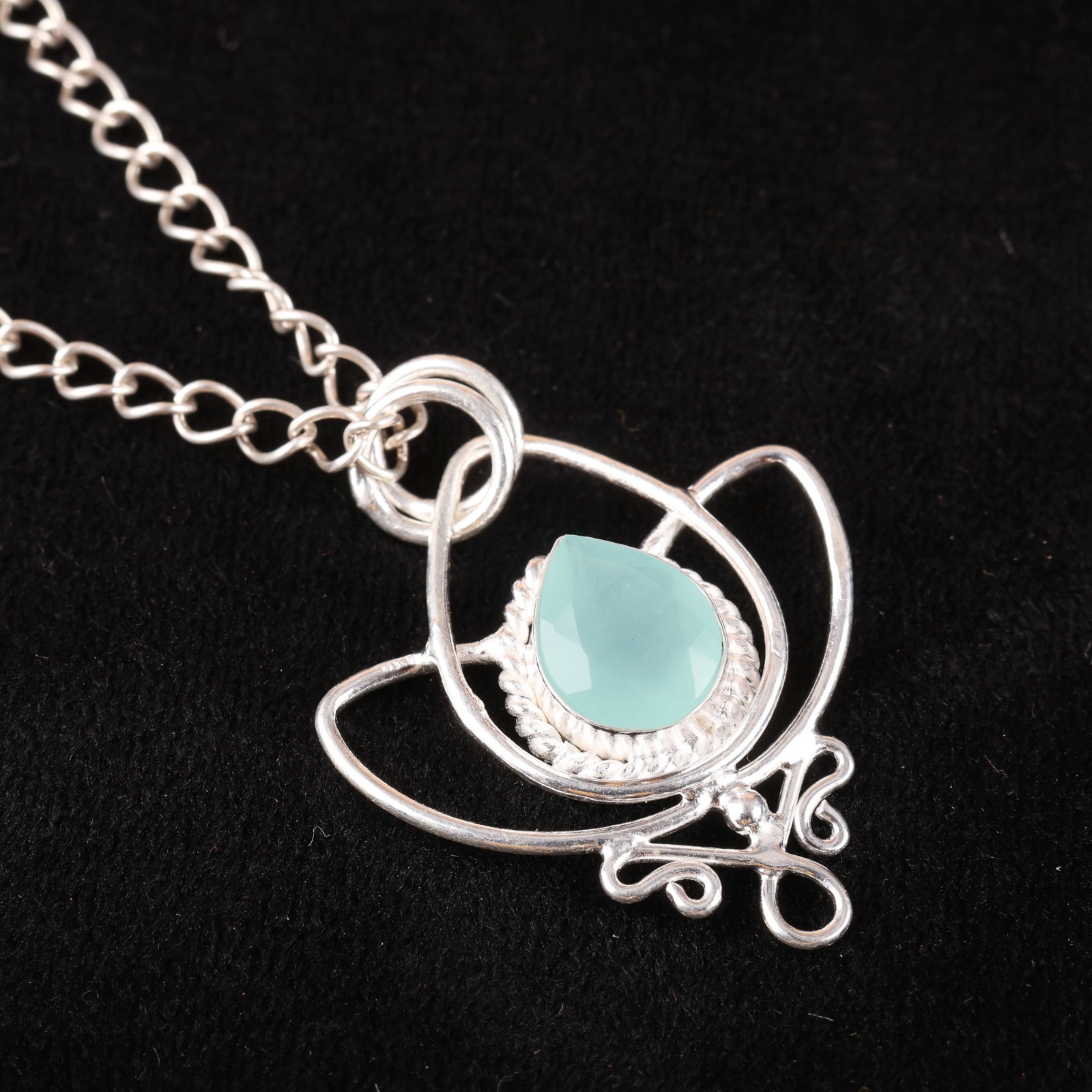 925 Silver Aqua Chalcedony Gemstone Jewelry Handmade Boho Pendant 1.44″ For Her