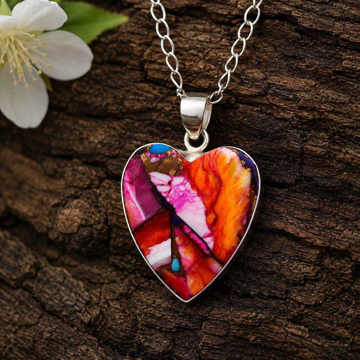 Spiny Oyster Turquoise Heart Pendant Necklace 925 Sterling Silver Free Chain