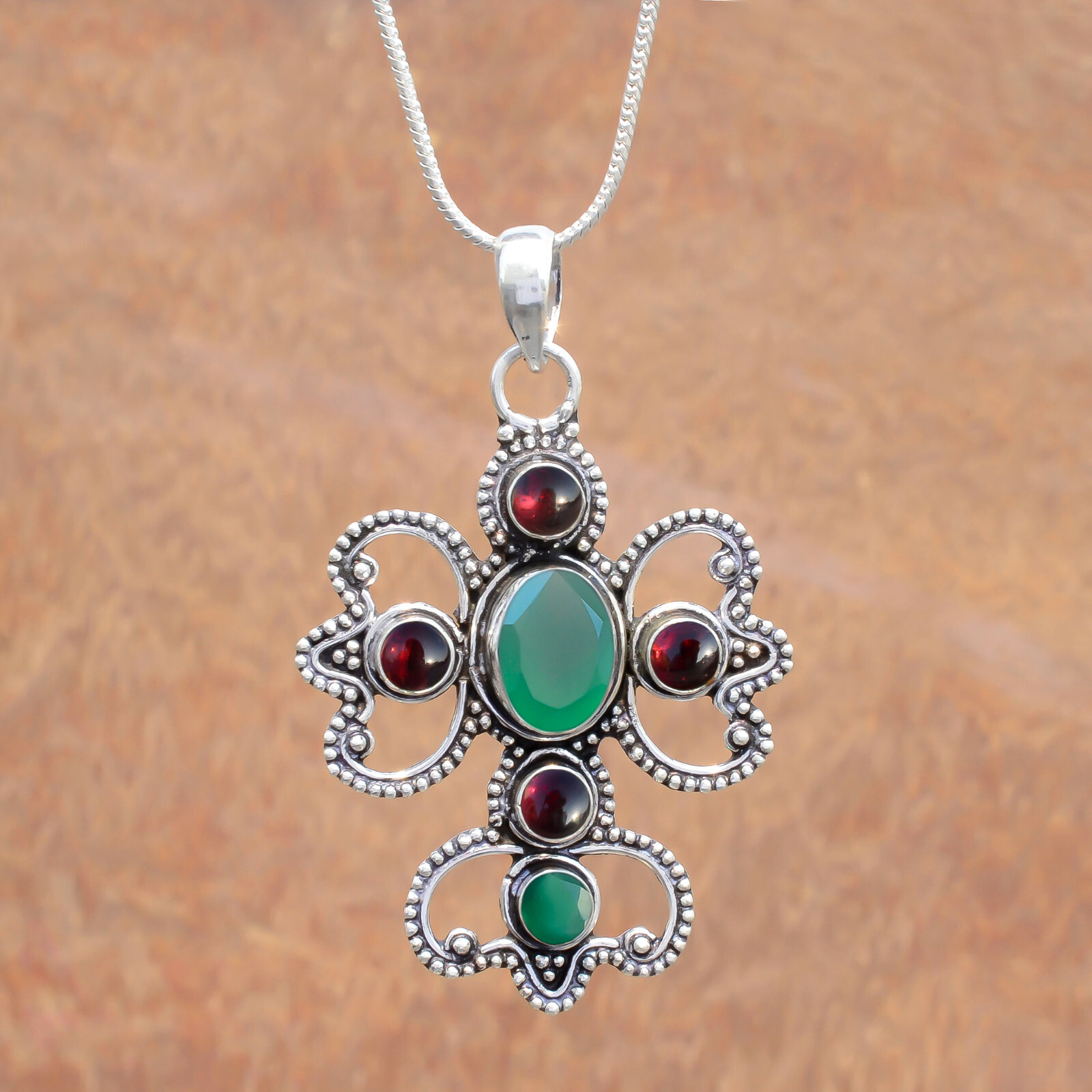Green Onyx & Garnet Gemstone 925 Sterling Silver Cross Beauty Art Gift Pendant