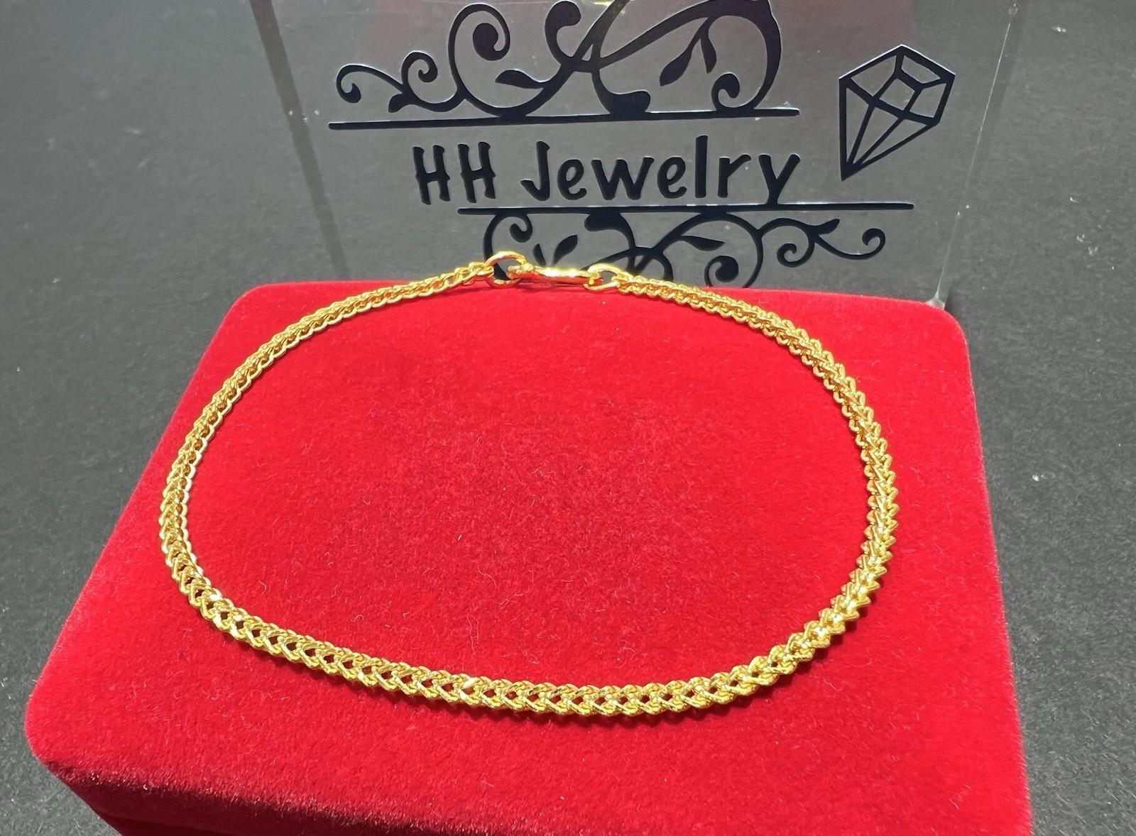 24K Yellow Gold Square Wheat Chain Bracelet