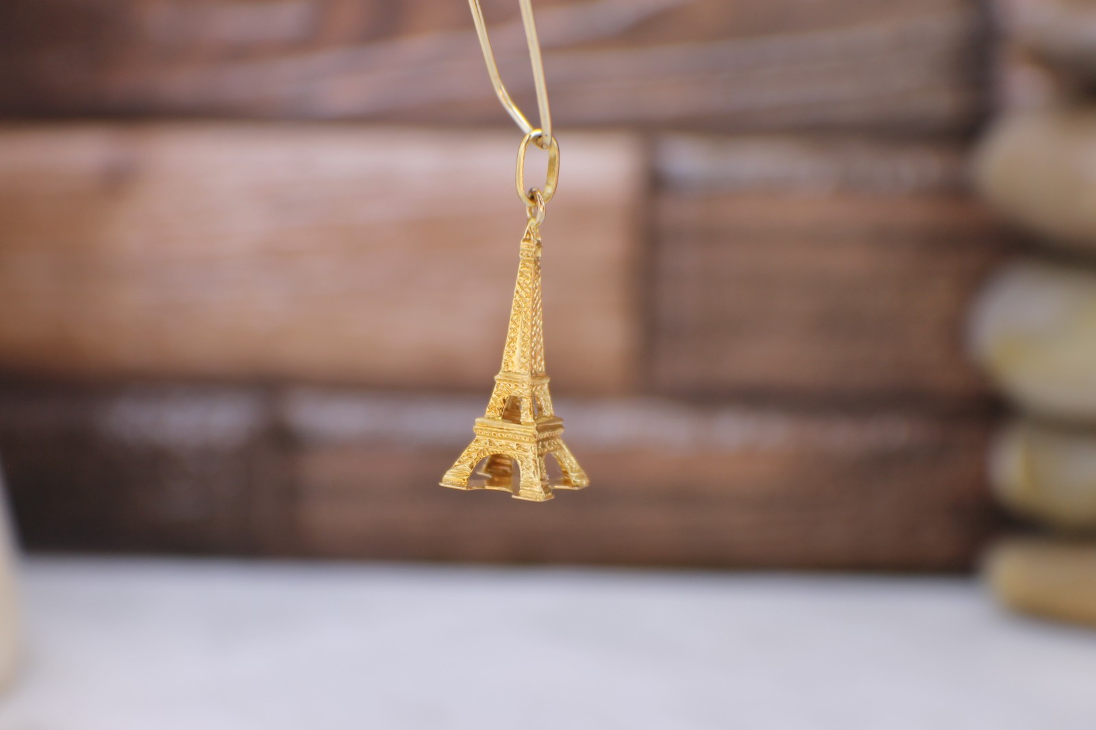 Solid 18K Yellow Gold 3D Spanish Eifel Tower Paris Pendant Charm Travel