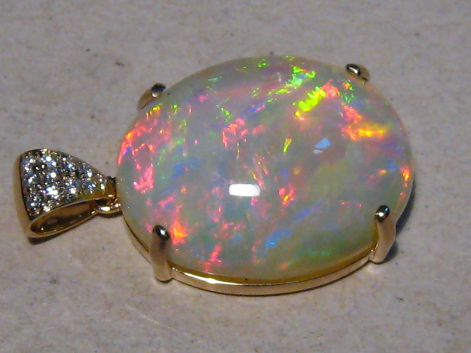 Large 25 ct Welo Opal & Diamond Pendant , Solid 14 k Gold , Brightness 5+