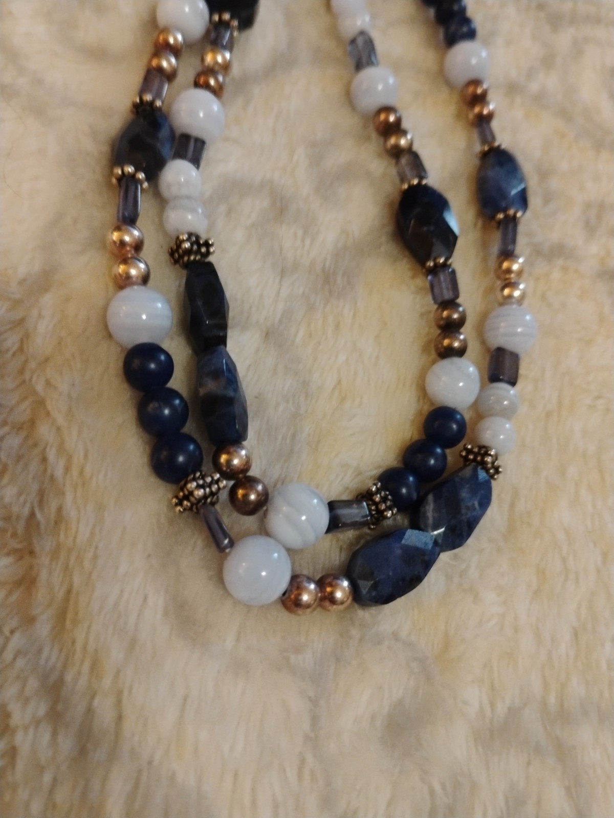 Sterling And Lapis Necklace MOP Silver Beads 36in Unique Handmade Beautiful