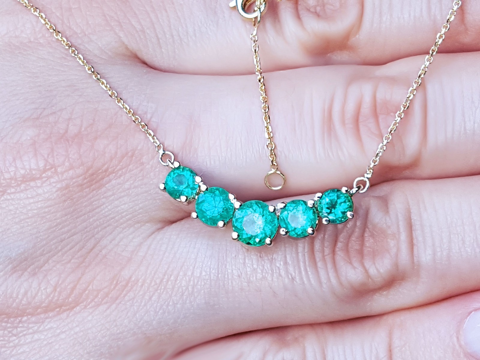 Five Stone Round Cut Colombian Emerald Necklace Solid 14K Yellow Gold