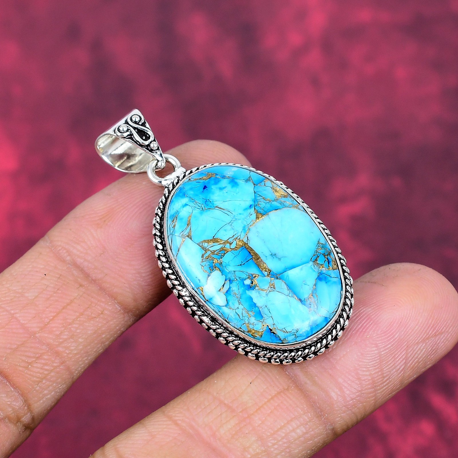 Blue Copper Turquoise Gemstone Handmade 925 Sterling Silver Jewelry Pendant