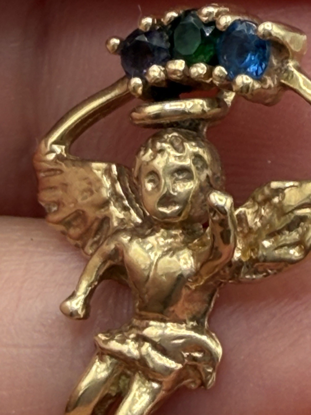 10k Yellow Gold Little Angel Charm Pendant Purple Green Blue Stones 1.8 grams