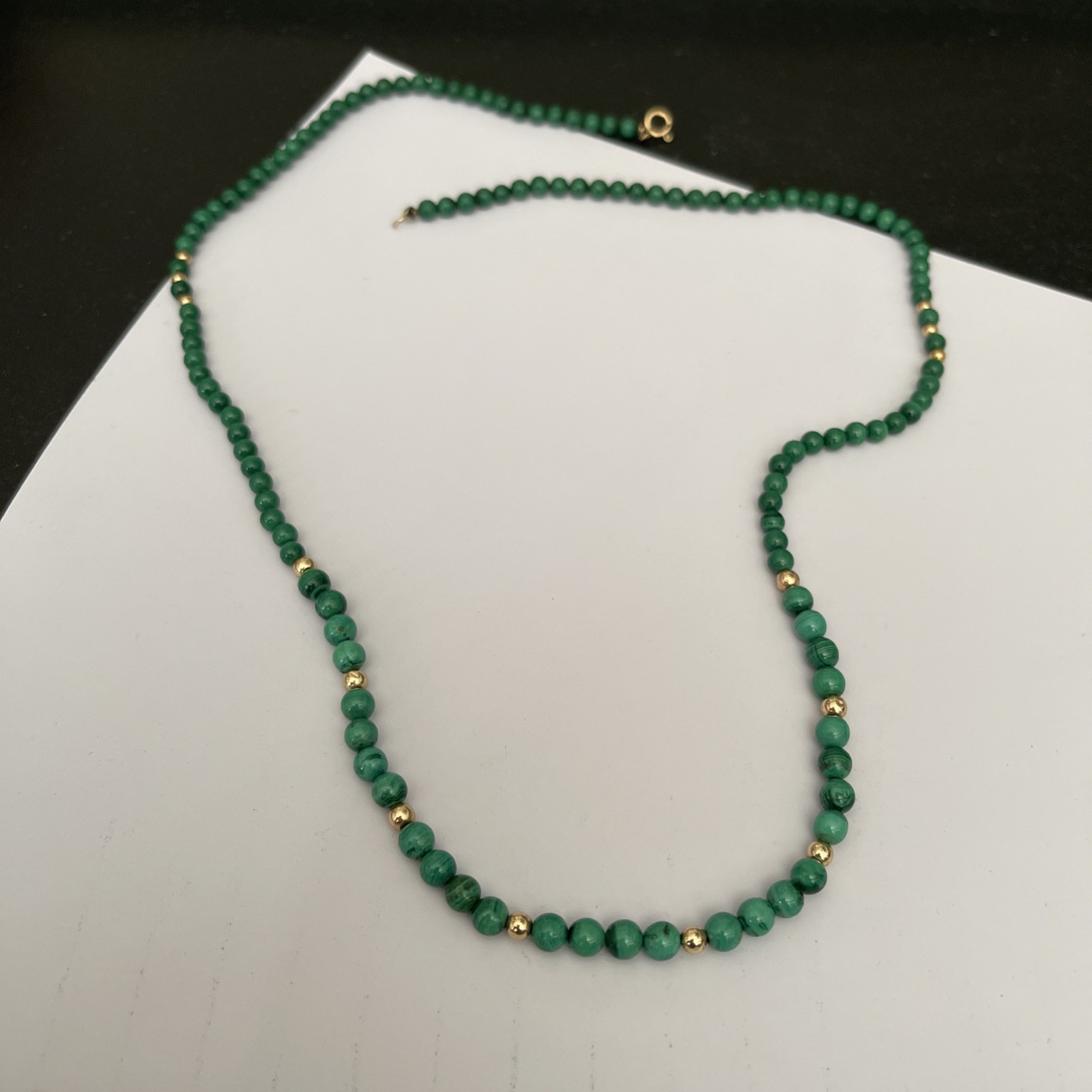 14k Yellow Gold & Malacite Gemstone Necklace Slightly Graduated 24” Dainty