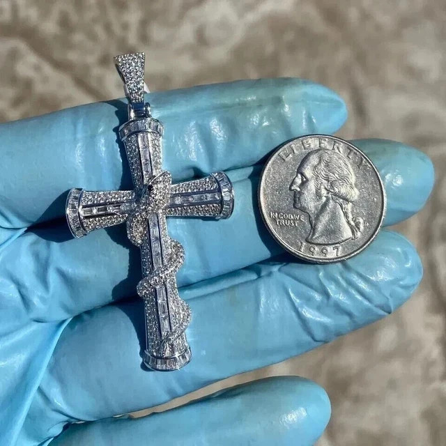2.30Ct Baguette Lab-Created Diamond Cluster Cross Pendant 14K White Gold Plated