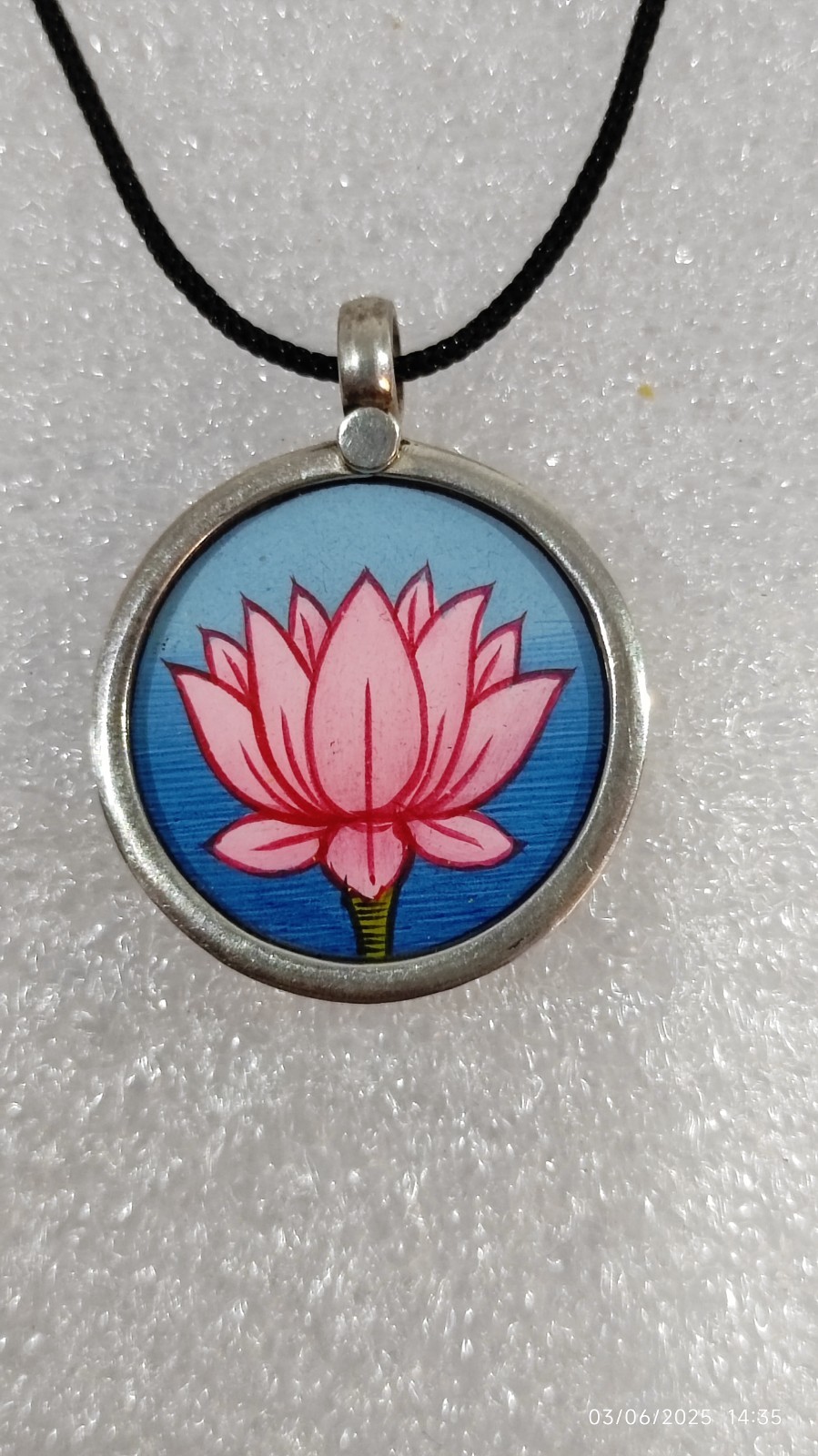 Handmade Miniature Painting Pink Colour Lotus Flower of Life Silver Pendant .