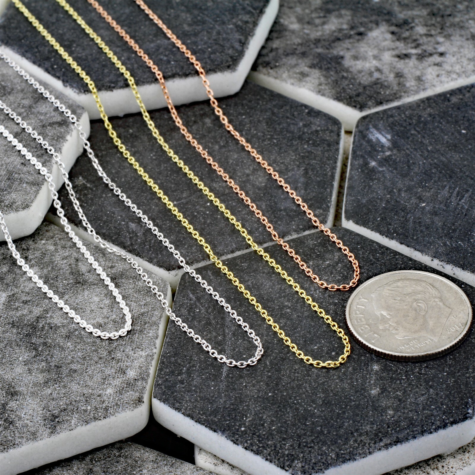 925 Sterling Silver Thin Rolo Cable Chain Necklace Rose Gold/Gold Plated Rhodium