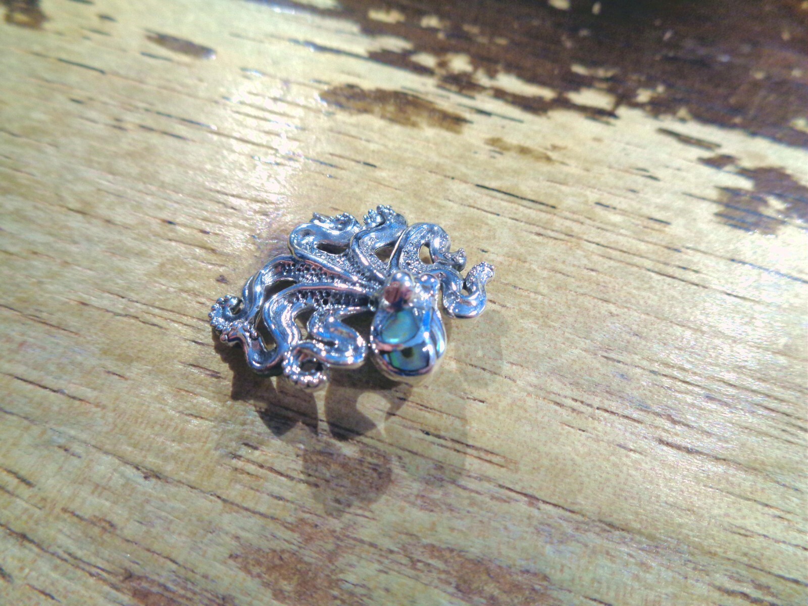 28MM OXIDIZED HEAVY 925 SILVER ABALONE HAWAIIAN HE’E TAKO OCTOPUS SLIDE PENDANT