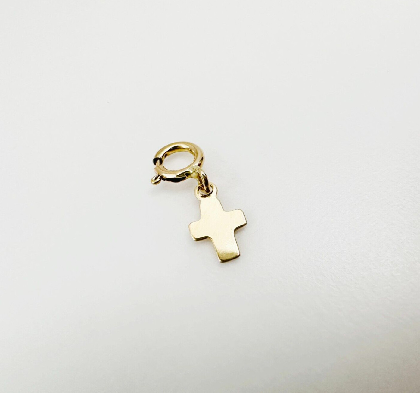 14K Solid Yellow Gold Teeny Tiny Cross Charm Pendant w/Spring Clasp