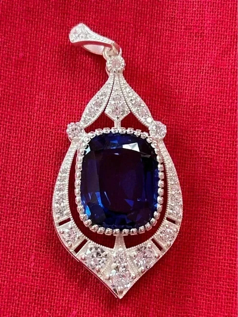 Vintage Art Deco Style Pendant Lab Created Diamond Sapphire White Gold Plated